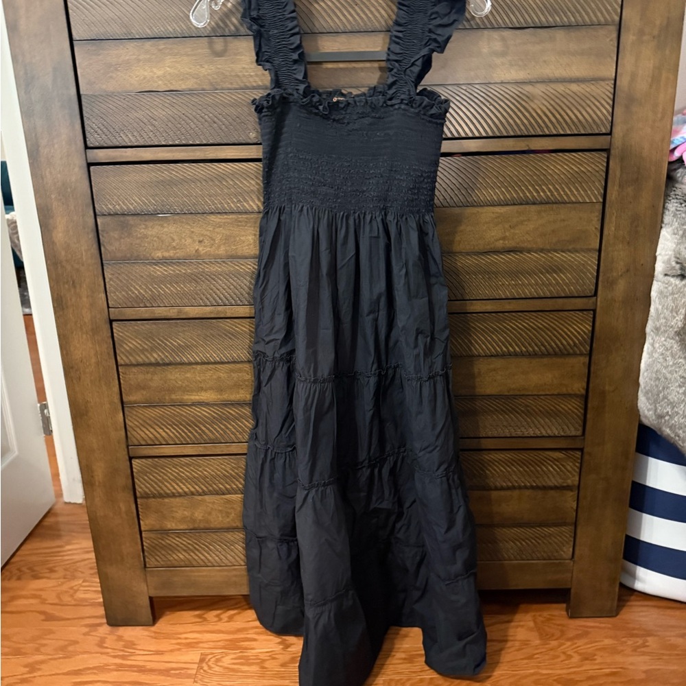 Quince Black Cotton Ruffled Maxi Dress